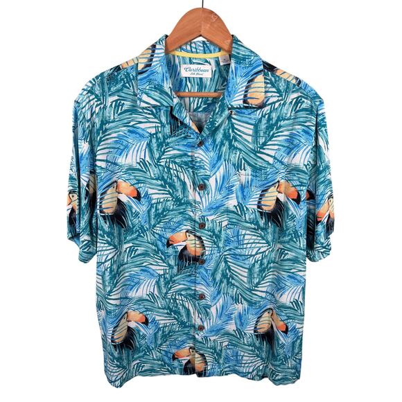 Carribean Men's Size Medium Blue Silk Blend Palm Toucan Hawaiian Tropical Shirt - Picture 1 of 11